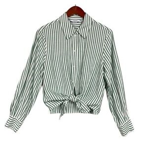& Other Stories Relaxed Tie Knot Shirt Button Size 8 Striped Green Linen Blend